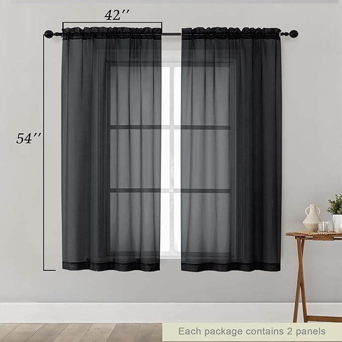 Sheer Black Curtains for Bedroom Living Room 54 Inch Length 2 Panels Set, Solid Soft Airy Light Filtering Window Treatments, Modern Rod Pocket Drapes, Black, 42" Wx54 L Inches