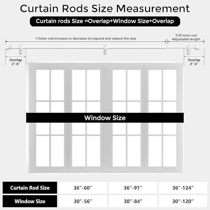 Modern White Curtain Rods for Windows 66 to 120 Inch, 1" Diameter Adjustable Heavy Duty Window Curtain Pole with Matte White End Cap Finials, Decorative Drapery Rods for Living Room, Bedroom