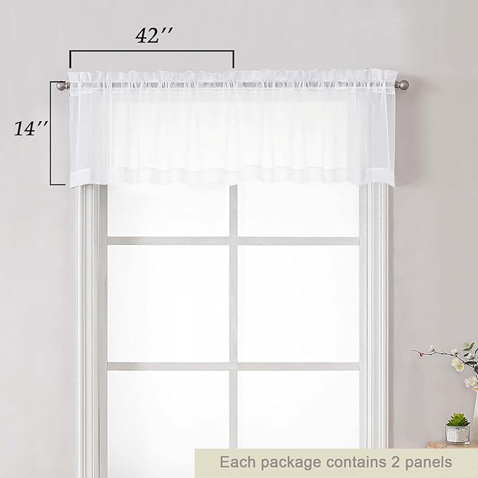 White Valances for Windows, White Sheer Curtains 14 Inch Length 2 Pack Kitchen Drapes, Modern Solid Mini Small Window Curtains for Cafe Bathroom Basement, Each 42" Wx14 L Inches