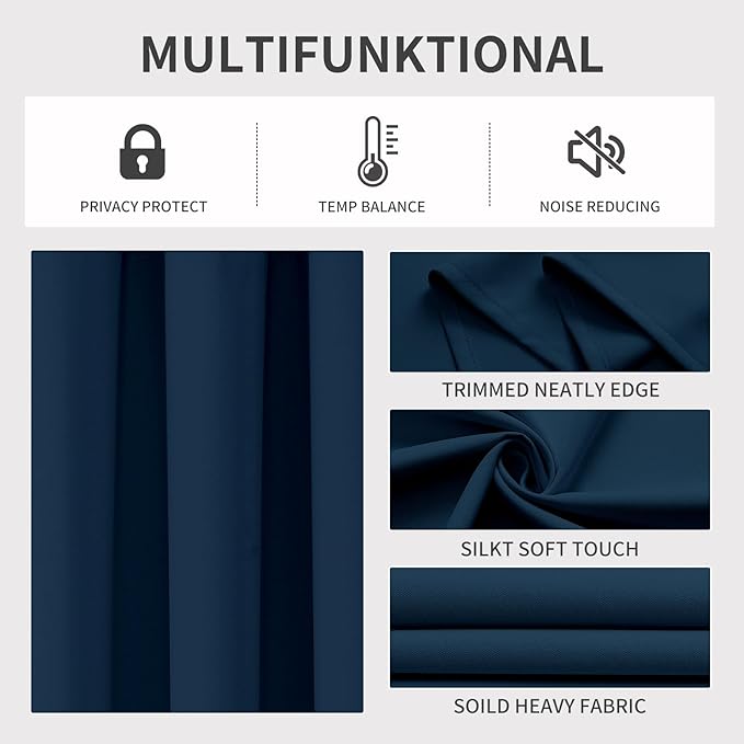 Joydeco Blackout Curtains 72 Inches Long 2 Panels Set, Thermal Insulated Long Curtains& Drapes 2 Burg, Room Darkening Drapes for Bedroom Living Room (Navy Blue, W37 x L72 Inch)