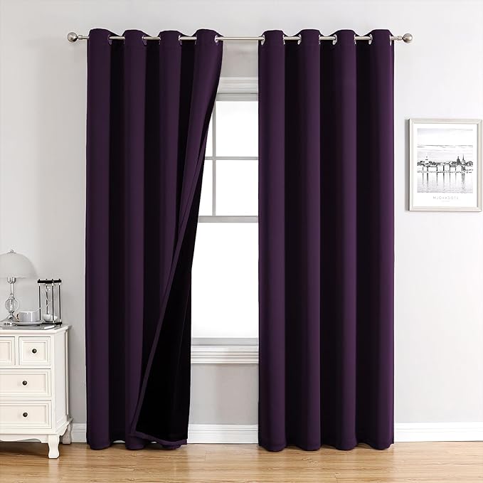 ChrisDowa 100% Blackout Curtains 102 inch Long for Bedroom with Black Liner, 2 Thick Layers Total Blackout Thermal Insulated Grommet Window Curtains 2 Panels Set (Royal Purple, 52 x 102 Inch)