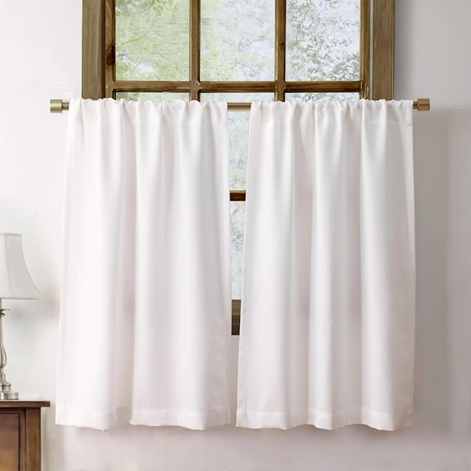 Faux Linen Kitchen Curtains 36 Inch Length Cafe Curtain Tiers for Living Room Bathroom Basement Windows Country Rustic Small Short Curtains, Set of 2, White