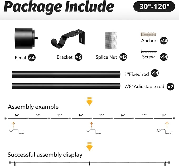 GEEBOBO 2 Pack Black Curtain Rods for Windows 66 to 120 Inch, 1 Inch Adjustable Heavy Duty Easy Install Curtain Rods Set for Outdoor, Patio, Farmhouse, Bedroom, Living Room (Black,30"-120",2 Pack)