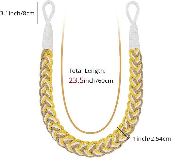 NICEEC 2 Pack Natural Cotton Rope Curtain Tiebacks Elegant Boho Style Decorative Drape Tie Backs Soft Hand-Woven Rope Curtain Holdbacks with Metal Hook for Home & Office Drapery (Yellow & White)