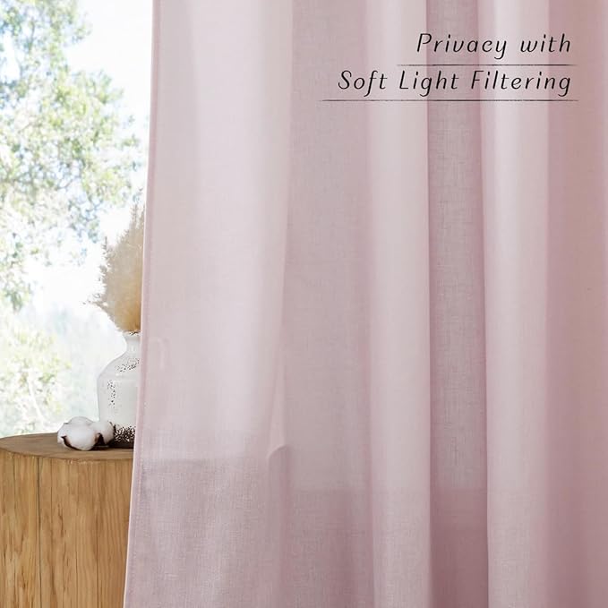 NICETOWN Blush Pink Linen Curtains for Kitchen, Thick Flax Small Window Treatments Semi Sheer Privacy Assured with Light Through for Cafe/Bathroom, W42 x L84, 2 Panels