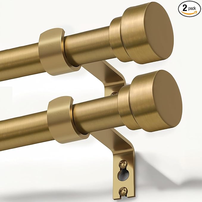 Lootkell 2 Pack Warm Gold Curtain Rods for Windows 28 to 48 Adjustable Length Heavy Duty 1" Diameter Brass Window Curtain Rod with Solid Metal Finials for Outdoor Farmhouse Bedroom Kitchen Living Room