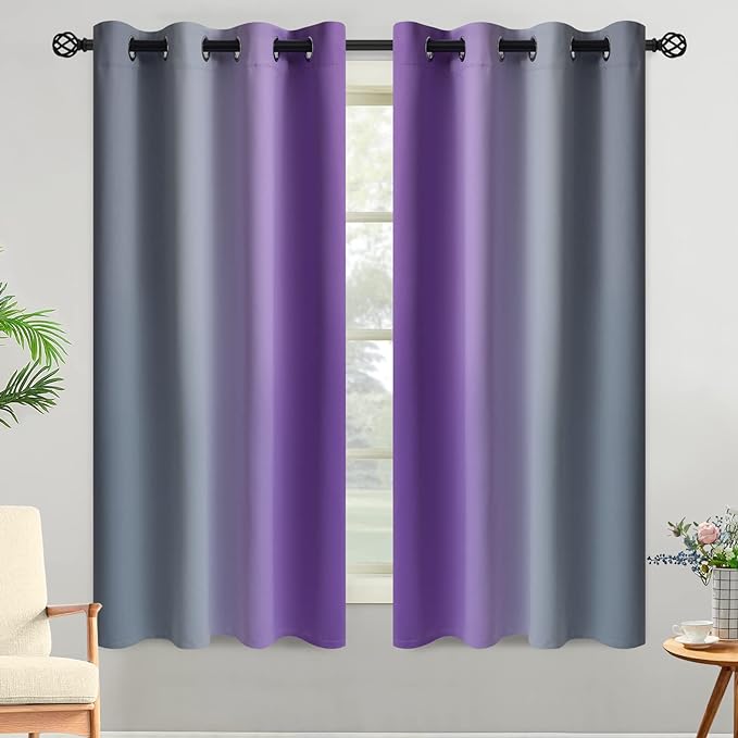 Yakamok Ombre Purple and Grey Curtains for Bedroom, Gradient Room Darkening Curtains 63 inches long,Grommet Thermal Insulated Light Blocking Window Drapes/Curtain for Living Room,52 x 63 Inch,2 Panels