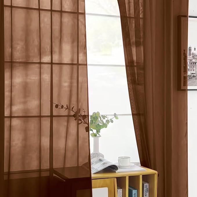 SpaceDresser Brown Sheer Curtains 4 Panels Rod Pocket Semi-Sheer Curtain 90 Inches Long Light Filtering Voile Window Drapes for Bedroom Living Room Kitchen, Each 52W x 90L