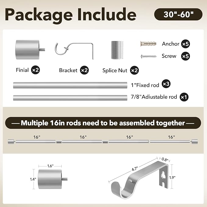 IFELS Heavy Duty Curtain Rods for Windows 28 to 48 Inch, 1 Inch Silver Curtain Rods for Outdoor, Farmhouse, Bedroom, Kitchen, Living Room, Adjustable Easy Install Drapery Rod (A2,Silver,30"-60")