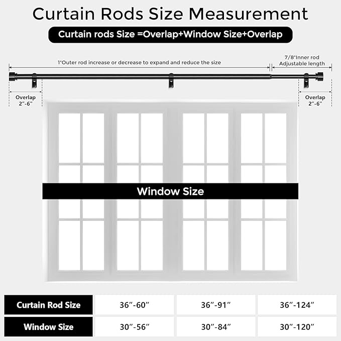 Curtain Rods for Windows 30 to 56 Inch, Black Modern 1 Inch Window Treatment Rods with Black End Cap Finials, Decorative Adjustable Heavy Duty Easy Install Drapery Rods for Bedroom Living Room
