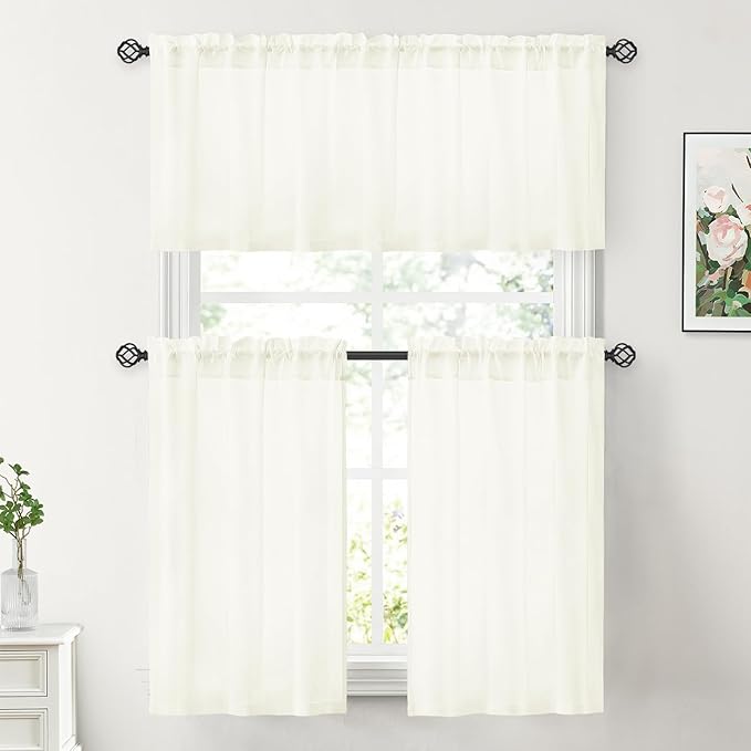 HOMEIDEAS Non-See-Through Ivory Privacy Sheer Kitchen Curtains, 30 X 36 Inches Long 2 Panels Short Sheer Curtains Light Filtering Bathroom Window Drapes for Bedroom Living Room