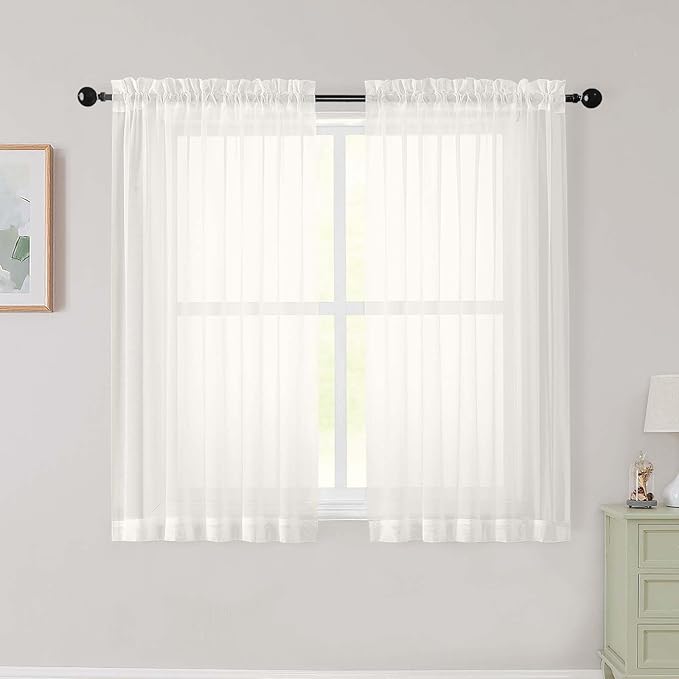 Ivory Sheer Curtains for Bedroom Living Room 45 Inch Length 2 Panels, Soft Airy Light Filtering Small Kitchen Window Curtains, Rod Pocket Short Curtain Drapes, Ivory, 42" Wx45 L Inches