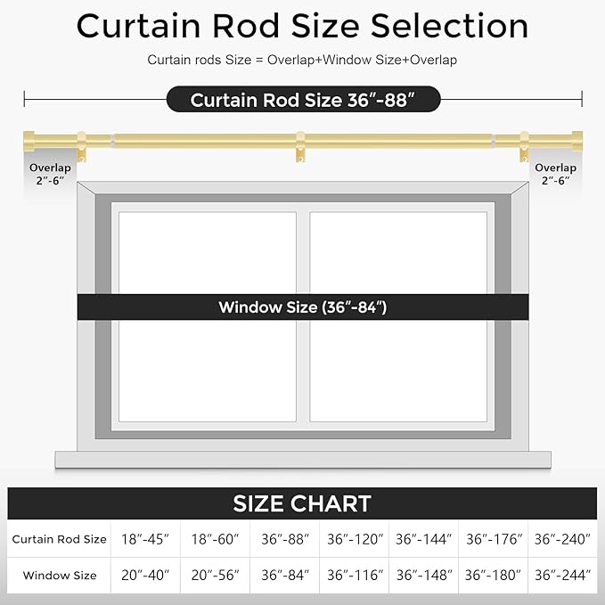 VOIIY 2 Pack Gold Curtain Rods for Windows 48 to 84 Inch(4-7 Feet),1" Diameter Drapery Rods with Modern Style End Cap Finials,Size:36-88 Inch