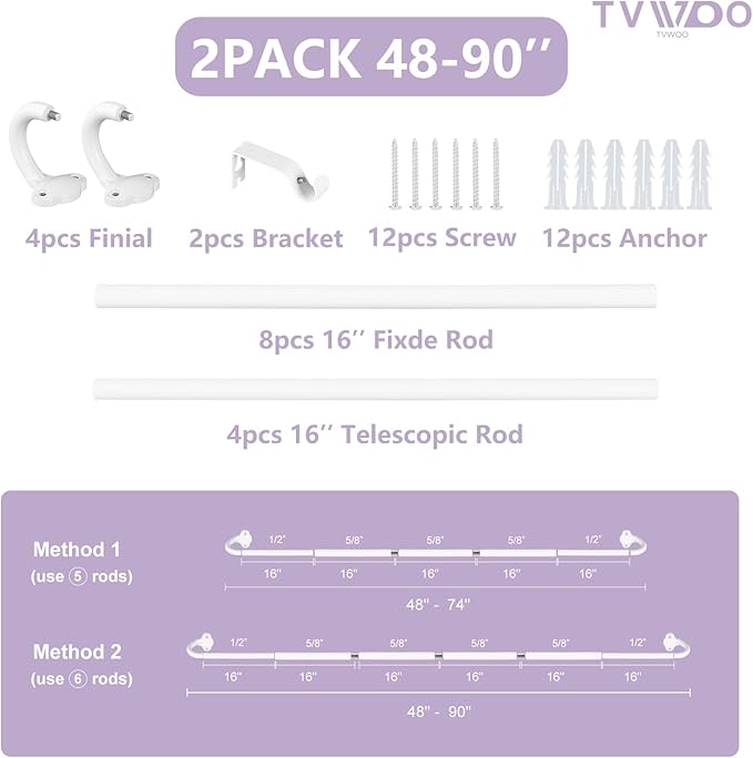 TVWOO 2 Pack Wrap Around Curtain Rods,White Curtain Rods 48 to 84 Inch,5/8 Inch Adjustable Blackout Curtain Rod Set with Bracket,Room Darkening Window Rod,Metal Hidden Curved Drapery Rods 48-84",White