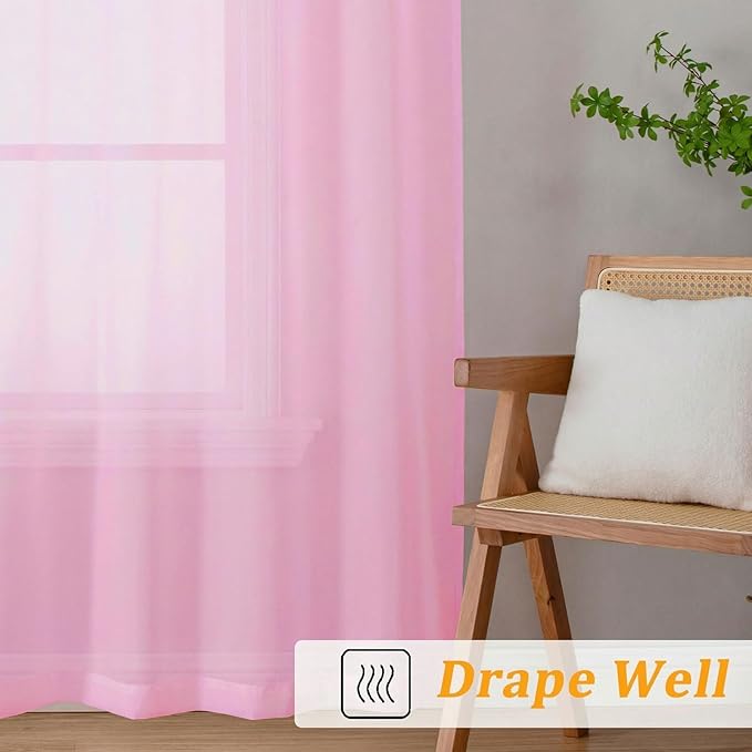Gwine Sheer Curtains 96 Inches Long - Light Filtering Rod Pocket Window Curtain Panels for Bedroom, Elegant Soft Voile Living Room Sheer Drapes, Each 42Wx96L, 2 Panels, Pink