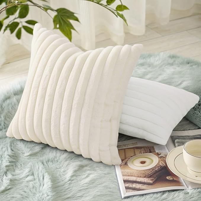 decorUhome Summer Cozy Faux Fur Throw Pillow Covers 16x16 Set of 2 Decorative Soft Plush Striped Modern Farmhouse Boho Couch Pillow Cases with Velvet Back for Sofa Bed Living Room, Cream White