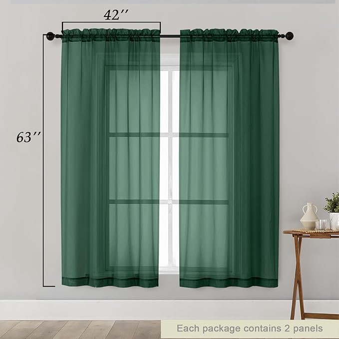 Sheer Hunter Green Curtains for Bedroom Living Room 63 Inch Length 2 Panels, Airy Soft Light Filtering Sheer Dining Room Curtains, Modern Rod Pocket Drapes, Hunter Green, Each 42"Wx63"L Inch