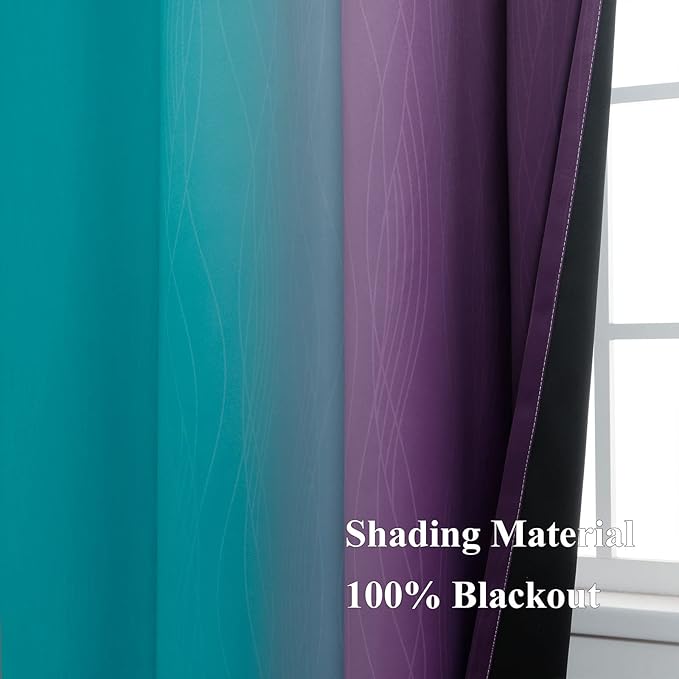Teal Blackout Curtains 84 Inches Long, Ombre Purple Blackout Curtains for Bedroom, Grommet Thermal Insulated Gradient Drapes, Full Light Blocking Curtains for Kids Room,52x84 Inch, 2 Panels