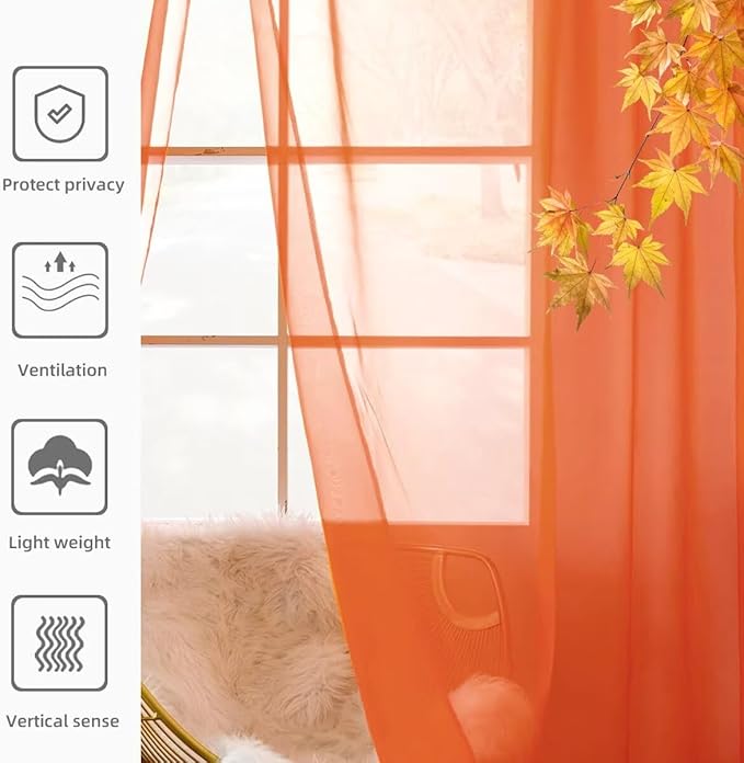 youleyar Solid Sheer Rod Pocket Curtain Voile Draperies 4 Panels White Beige Black Grey Ivory 52 Inch Width 63 Inch Long 1 Pair for Kitchen Bedroom Children Living Room Yard(Burnt Orange,52 Wｘ63 L)