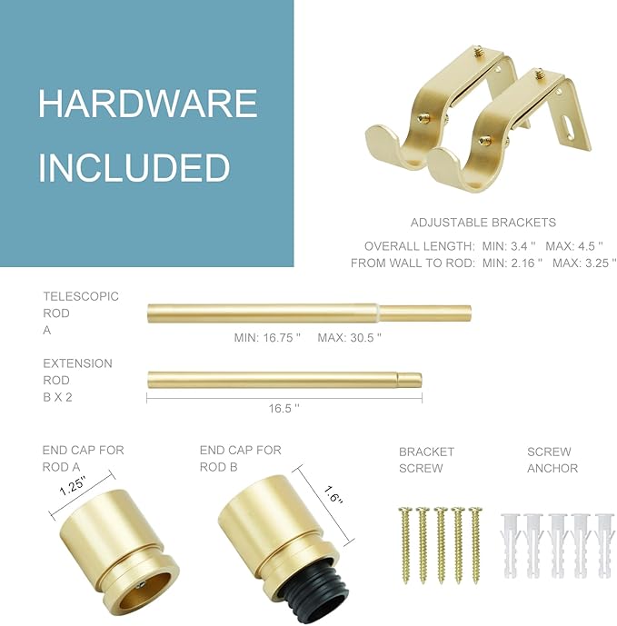 Byondeth Curtain Rods for Windows 16 to 48 or 60 Inches Max Adjustable Length 1 Inch Diameter Window Curtain Rod with Aluminium Finials, Warm Gold