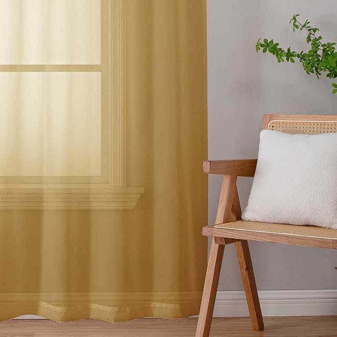 Sheer Gold Curtains for Bedroom Living Room 63 Inch Length 2 Panels, Airy Soft Light Filtering Sheer Dining Room Curtains, Modern Rod Pocket Drapes, Gold, Each 42" Wx63 L Inches