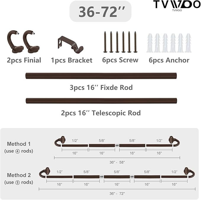 TVWOO Bronze Wrap Around Curtain Rods:5/8 Inch Blackout Adjustable Window Curtain Rod for Bedroom Kitchen Apartment Renter Friendly,Room Darkening Curved Drapery Rods Easy Install,Antique Brown 36-72"