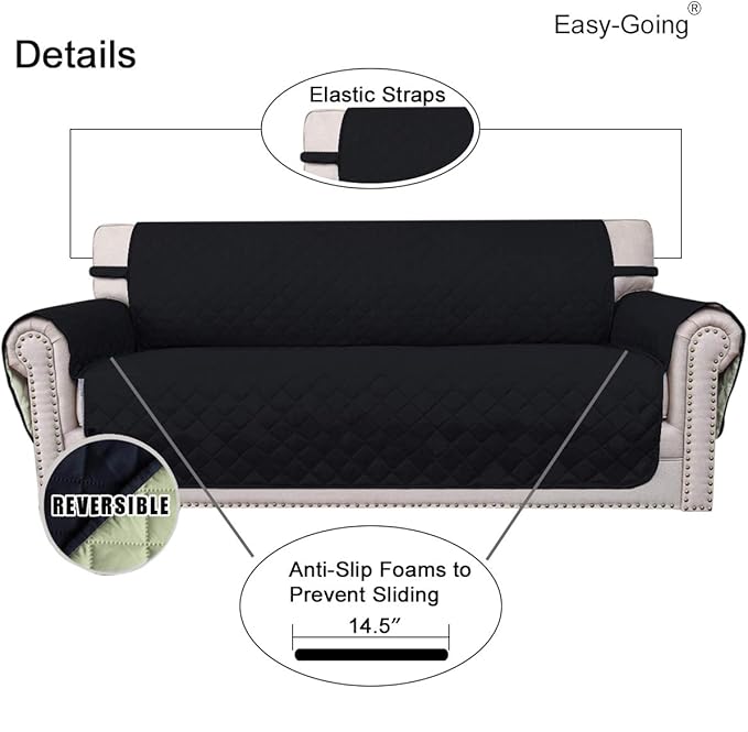 Easy-Going Reversible Couch Cover for 3 Cushion Couch Sofa Cover for Dogs Water Resistant Furniture Protector Cover with Foam Sticks Elastic Straps for Pet Cat (Sofa, Black/Beige)