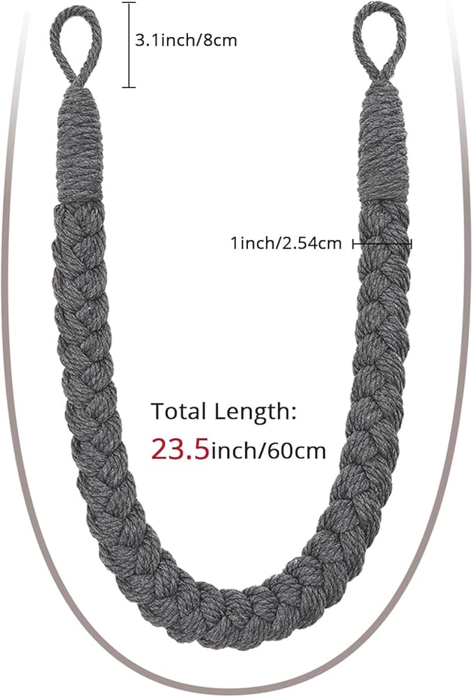 NICEEC 4 Pack Natural Cotton Rope Curtain Tiebacks Elegant Boho Style Decorative Drape Tie Backs Soft Hand-Woven Rope Curtain Holdbacks with Metal Hook for Home & Office Drapery (Dark Grey)