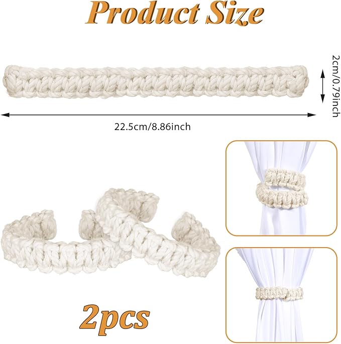 Ptwola 1 Pack Braided Curtain Tiebacks Boho Elegant Rustic Curtain Holdbacks Tie Backs Holders Set Simple Light Weight Drapes Decorative Accessories Handmade for Home Office Bedroom Window (2, White)