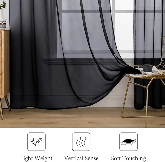 MIULEE 2 Panels Solid Color Sheer Window Curtains Elegant Halloween Window Voile Panels/Drapes/Treatment for Bedroom Living Room (54X72 Inches Black)