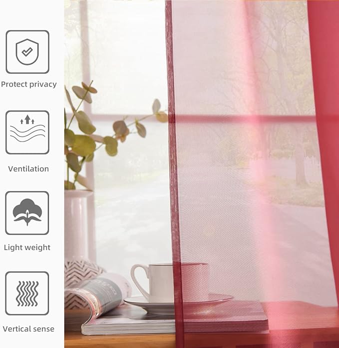 youleyar Solid Sheer Rod Pocket Curtain Voile Draperies 2 Panels White Beige Black Grey Coffee 52 Inch Width 108 Inch Long 1 Pair for Kitchen Bedroom Children Living Room Yard (Wine Red,52Wｘ108L)