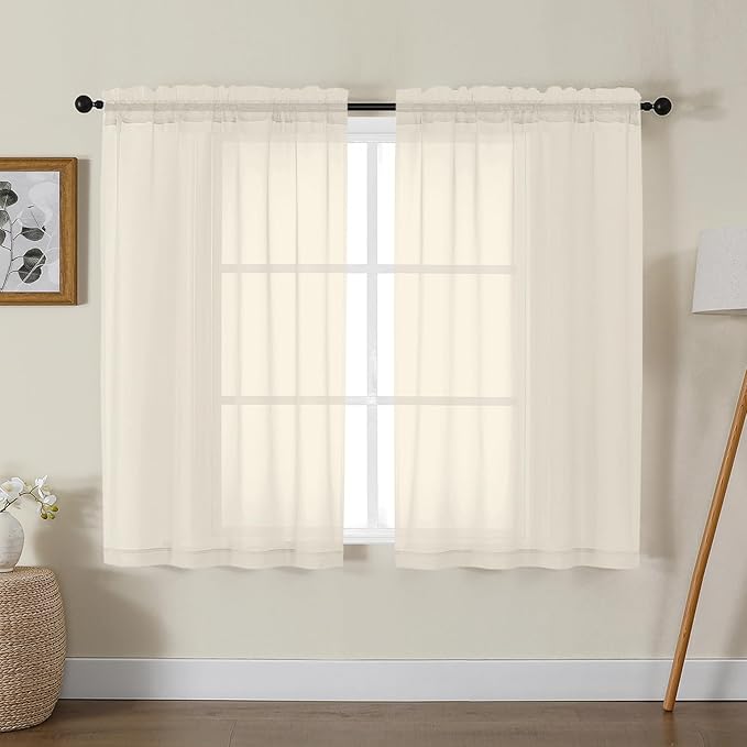 Gwine Cream Sheer Curtains for Living Room 45 inches Long, Short Voile Light Filtering Window Treatments Sheer Curtains for Bedroom, Half Window Drapes with Rod Pocket, Each 42" Wx45 L
