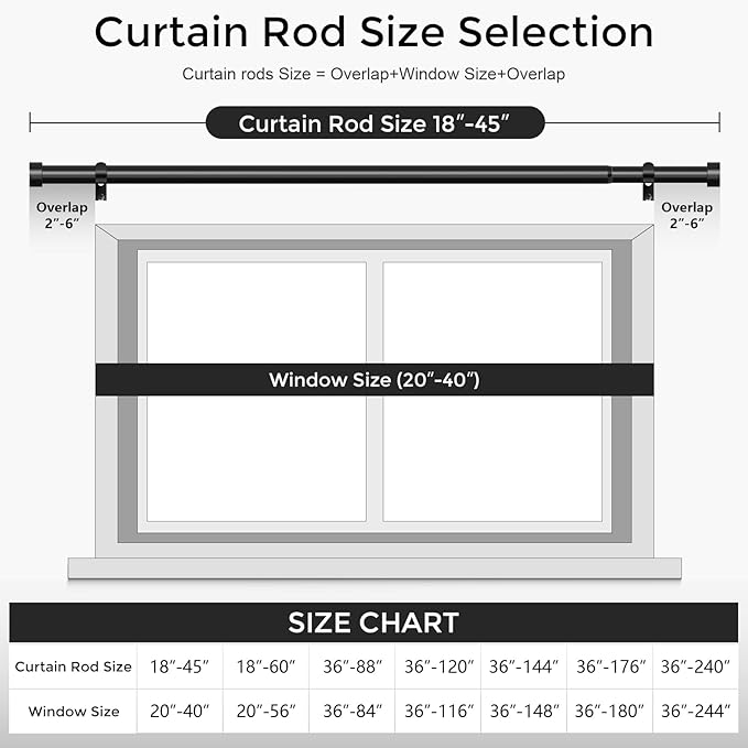 VOIIY Curtain Rods for Windows 18 to 42 Inch(1.5-3.75 Feet),Black 1'' Diameter Drapery Rods with End Cap Style Design,Modern Adjustable Heavy Duty Curtain Rod,Size:18''-42''