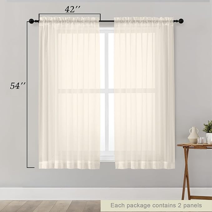 Cream Sheer Curtains for Bedroom Living Room 54 Inch Length 2 Panels Set, Solid Soft Airy Light Filtering Window Treatments, Modern Rod Pocket Drapes, Cream, 42" Wx54 L Inches