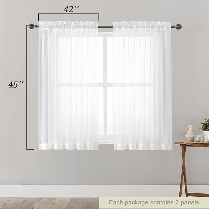 White Sheer Curtains for Bedroom Living Room 45 Inch Length 2 Panels, Soft Airy Light Filtering Small Kitchen Window Curtains, Rod Pocket Short Curtain Drapes, White, 42" Wx45 L Inches