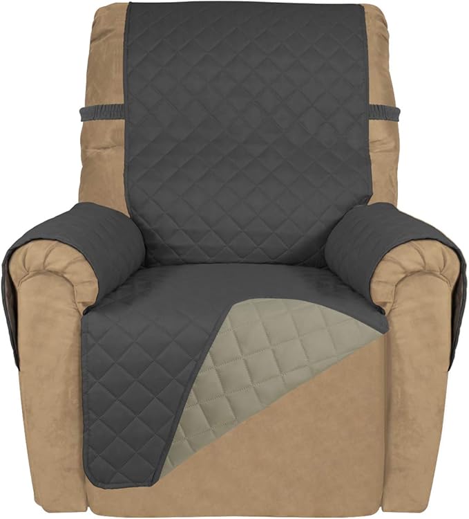 PureFit Reversible Quilted Sofa Cover, Water Resistant Slipcover Furniture Protector, Washable Couch Cover with Non Slip and Elastic Straps for Kids, Dogs, Pets (Small Recliner, Dark Gray/Beige)
