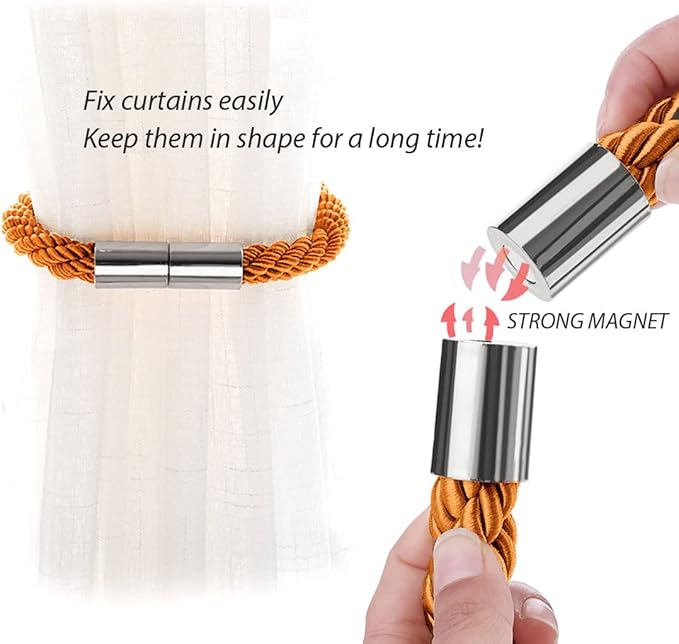NICEEC 6 Pack Strong Magnetic Curtain Tiebacks Modern Simple Style Drape Tie Backs Convenient Decorative Weave Rope Curtain Holdbacks for Thin or Thick Home & Office Window Draperies (Orange)