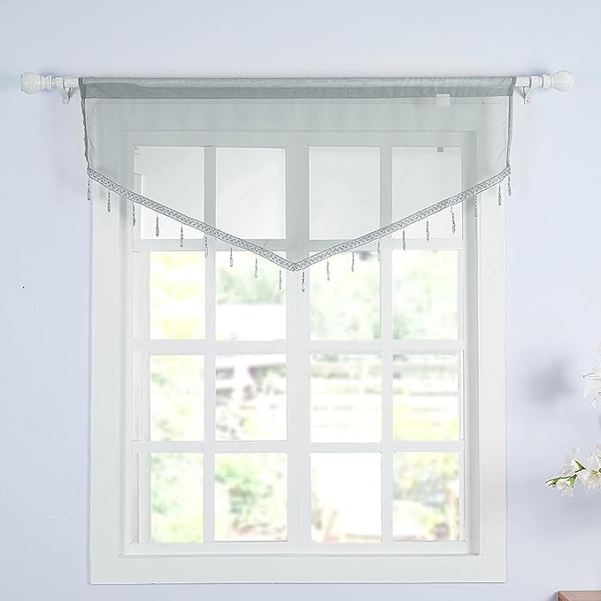 Molaxhome Swag Curtain 51 inch Length Rod Pocket Scalloped Curtain Valance Sheer Lace Panels with Hanging Crystal Beads for Kitchen Bedroom Window Treatments Drape Decor 1pc (Grey, 51Wx23L)