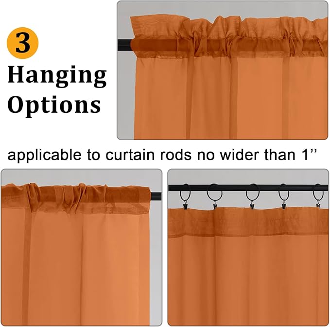 Gwine Burnt Orange Sheer Curtains for Living Room 45 inches Long, Short Voile Light Filtering Window Treatments Sheer Curtains for Bedroom, Fall Half Window Drapes with Rod Pocket, Each 42 Wx45 L