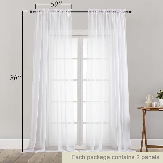White Sheer Curtains for Bedroom Living Room 96 Inches Long 2 Panels, Modern Airy Soft Lightweight Rod Pocket Light Filtering Sheer Curtains Drapes, White, Each 59" Wx96 L Inch