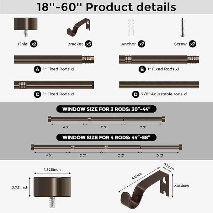 VOIIY Bronze Curtain Rods for Windows 28 to 48 Inch(1.5-5 Feet), 1" Diameter Drapery Rods with Modern Style End Cap Finials,Size:30-60 Inch, Antique Bronze