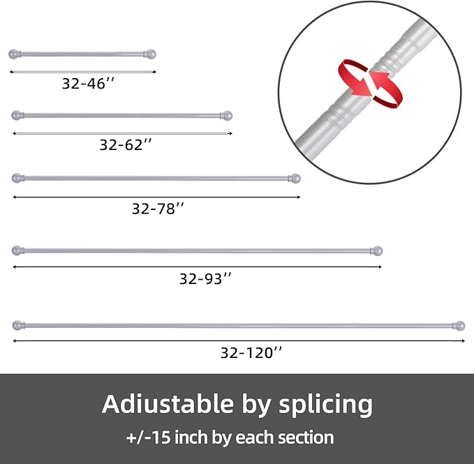 GXOACKJ 2 Pack Silver Curtain Rods for windows 32 to 62 inch, 5/8 inch Splicing Heavy Duty Metal Curtain Rod Set with Brackets