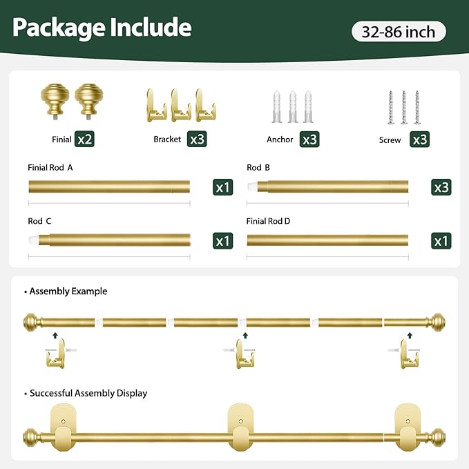 KAMANINA Curtain Rods No Drilling for Windows 32 to 86 Inches, 5/8 Inch Diameter Adjustable Drapery Pole with Adhesive Brackets, Gold