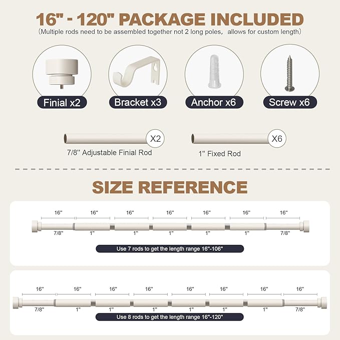 Lootkell Modern White Curtain Rods for Windows 66 to 120 Inches Adjustable Length Heavy Duty 1" Diameter Window Curtain Rod with Decorative Finials for Outdoor Farmhouse Bedroom Kitchen Living Room