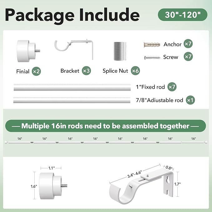 IFELS Heavy Duty Curtain Rods for Windows 66 to 120 Inch, 1 Inch Adjustable White Curtain Rod Set with Easy Installation and Modern Design (A1,White,30-120")