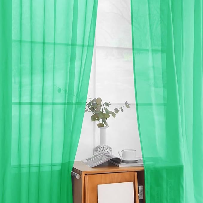 youleyar Solid Sheer Rod Pocket Curtain Voile Draperies 2 Panels White Beige Black Grey Ivory 52 Inch Width 72 Inch Long 1 Pair for Kitchen Bedroom Children Living Room Yard (Grass Green,52Wｘ72L)