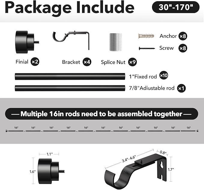 Extra Long Curtain Rods for Windows 32 to 170 Inch, 1 Inch Black Heavy Duty Curtain Rods for Patio, Farmhouse, Bedroom, Living Room, Adjustable Metal Drapery Rod (A1,Black,32"-170")