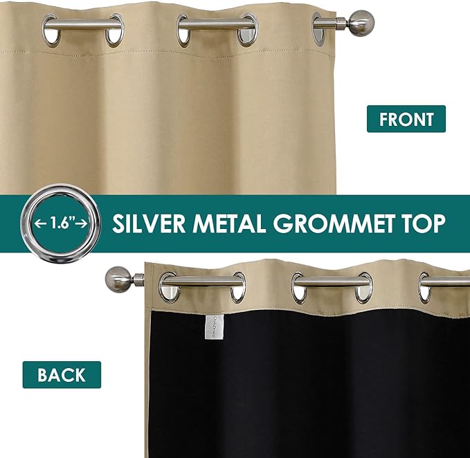 ChrisDowa 100% Blackout Curtains 63 inch Long for Bedroom with Black Liner, 2 Thick Layers Total Blackout Thermal Insulated Grommet Window Curtains 2 Panels Set (Beige, 38 x 63 Inch)