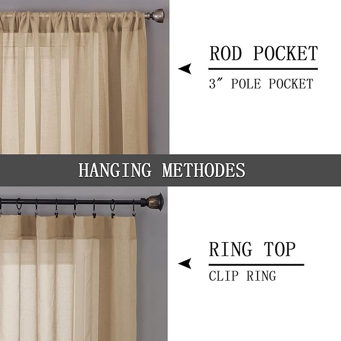 Tollpiz Short Sheer Curtain Linen Textured Bedroom Curtains Sheer Light Filtering Rod Pocket Voile Curtain for Living Room, 54 x 54 inches Long, Beige, Set of 2 Panels