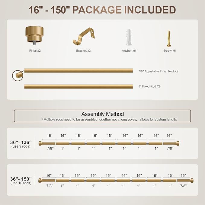 Lootkell Modern Gold Curtain Rods for Windows 72 to 144 Inches Adjustable Length Heavy Duty 1" Diameter Window Curtain Rod with Decorative Finials for Outdoor Bedroom Kitchen Living Room